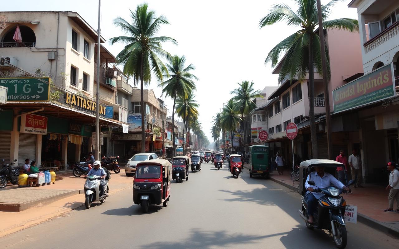 Katunayake town main road in Sri Lanka with shops, three-wheelers, small hotels and palm trees