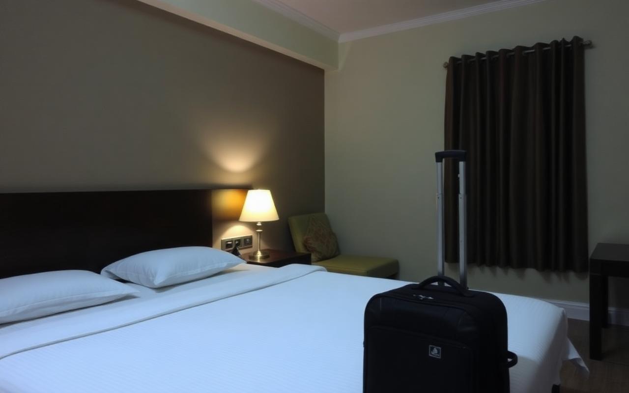 Quiet transit hotel room near Katunayake Sri Lanka at night with neatly made bed, suitcase and soft lamp light