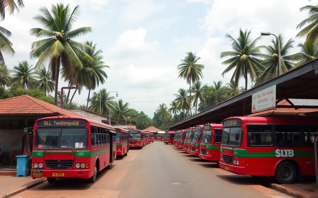 Kegalle bus stand Sri Lanka with red SLTB buses, palm trees and inland setting