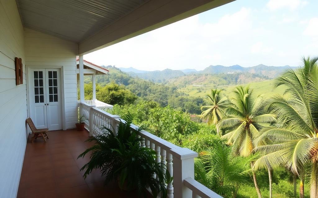 Local family run guesthouse in Kegalle Sri Lanka with white painted house, veranda and tropical green hills