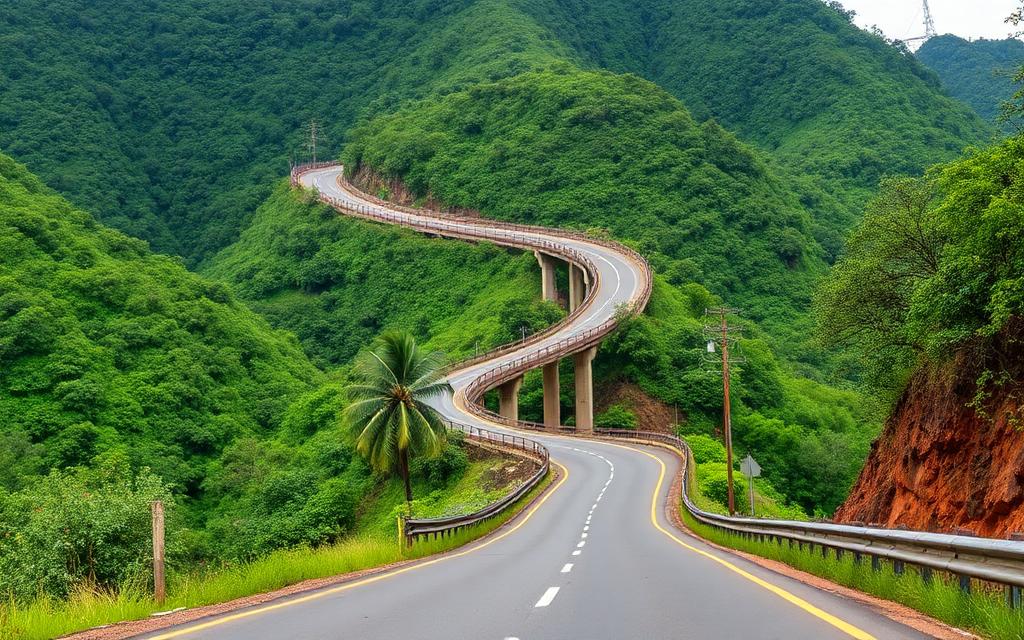Scenic Kadugannawa mountain pass road from Kegalle to Kandy Sri Lanka with green hills and winding road