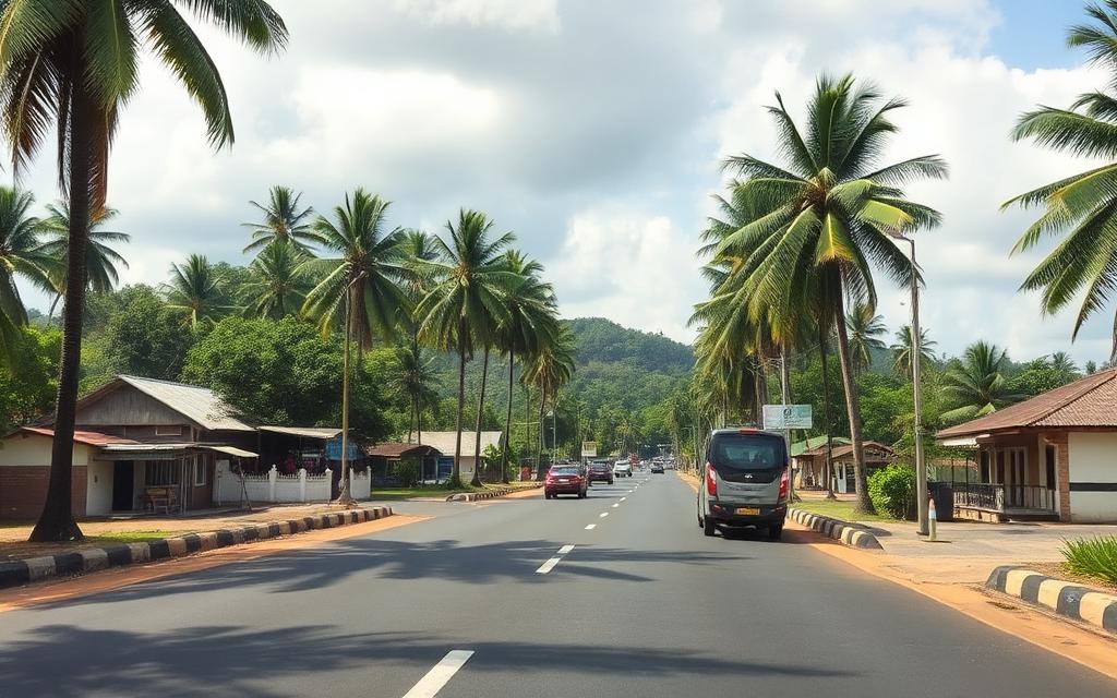 Colombo to Kandy main road through Kegalle Sri Lanka with palm trees, modest hotels and passing vehicles