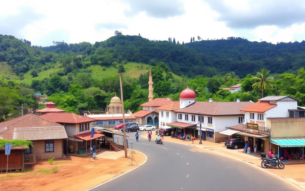Mawanella town near Kegalle Sri Lanka small inland town on Colombo Kandy road with green hills behind