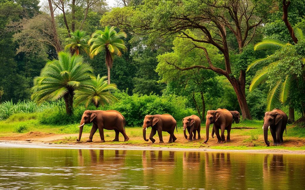 Pinnawala Elephant Orphanage area near Kegalle Sri Lanka with elephants by Maha Oya river and lush green riverside