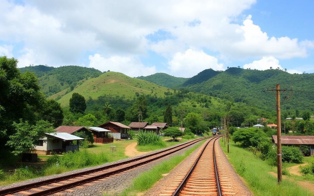Generic Pinnawala access stay reference near Kegalle Sri Lanka with green hills and railway scenery
