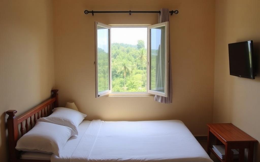 Simple cozy hotel room reference in Kegalle Sri Lanka with bed and window opening to inland green view