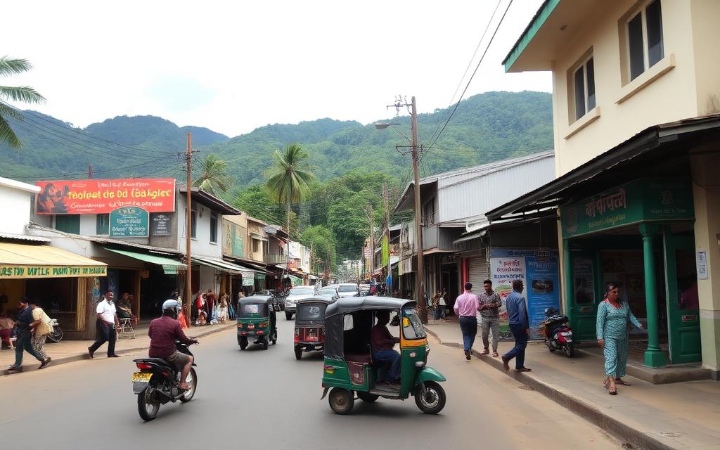 Kegalle town centre Sri Lanka with shops, three-wheelers and inland green hills behind