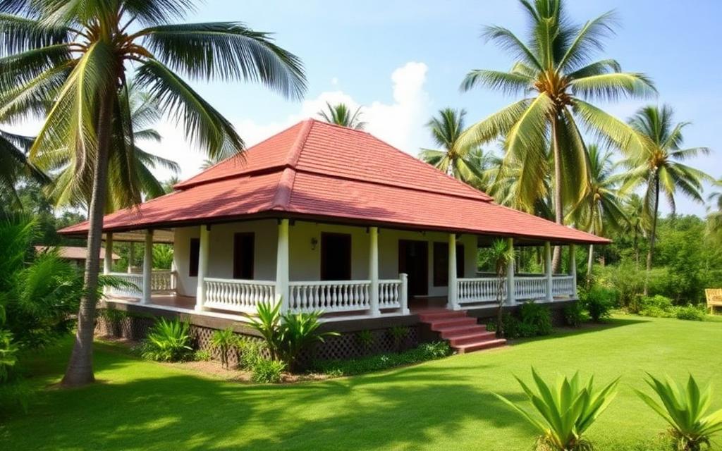 Holiday villa bungalow near Kegalle Sri Lanka with red tiled roof, veranda, tropical garden and palm trees