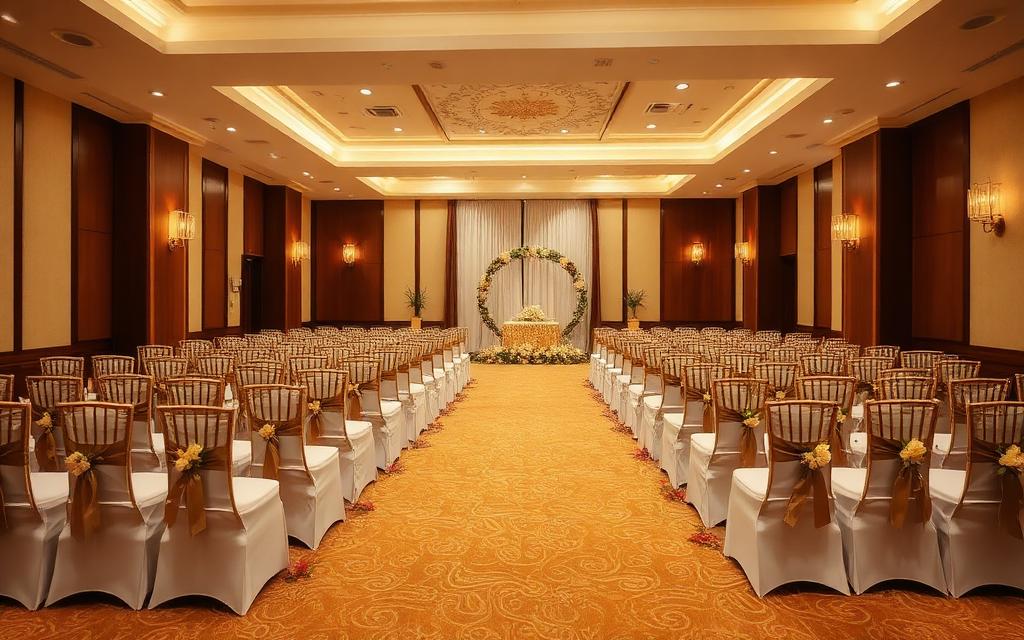 Sri Lankan wedding function hall in a Kegalle hotel ballroom with chairs, floral arch and warm lighting