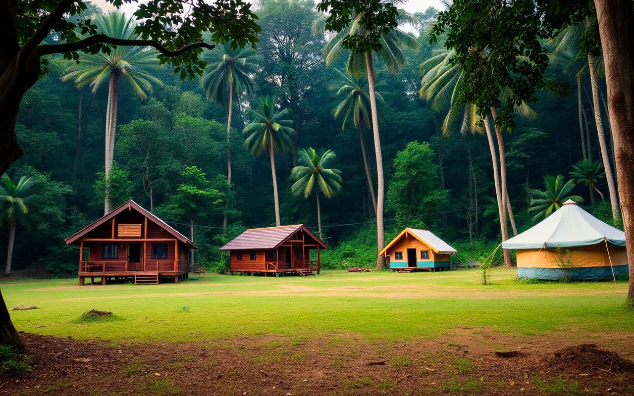 Adventure base camp in Kitulgala Sri Lanka with wooden cabins and tents in clearing surrounded by rainforest
