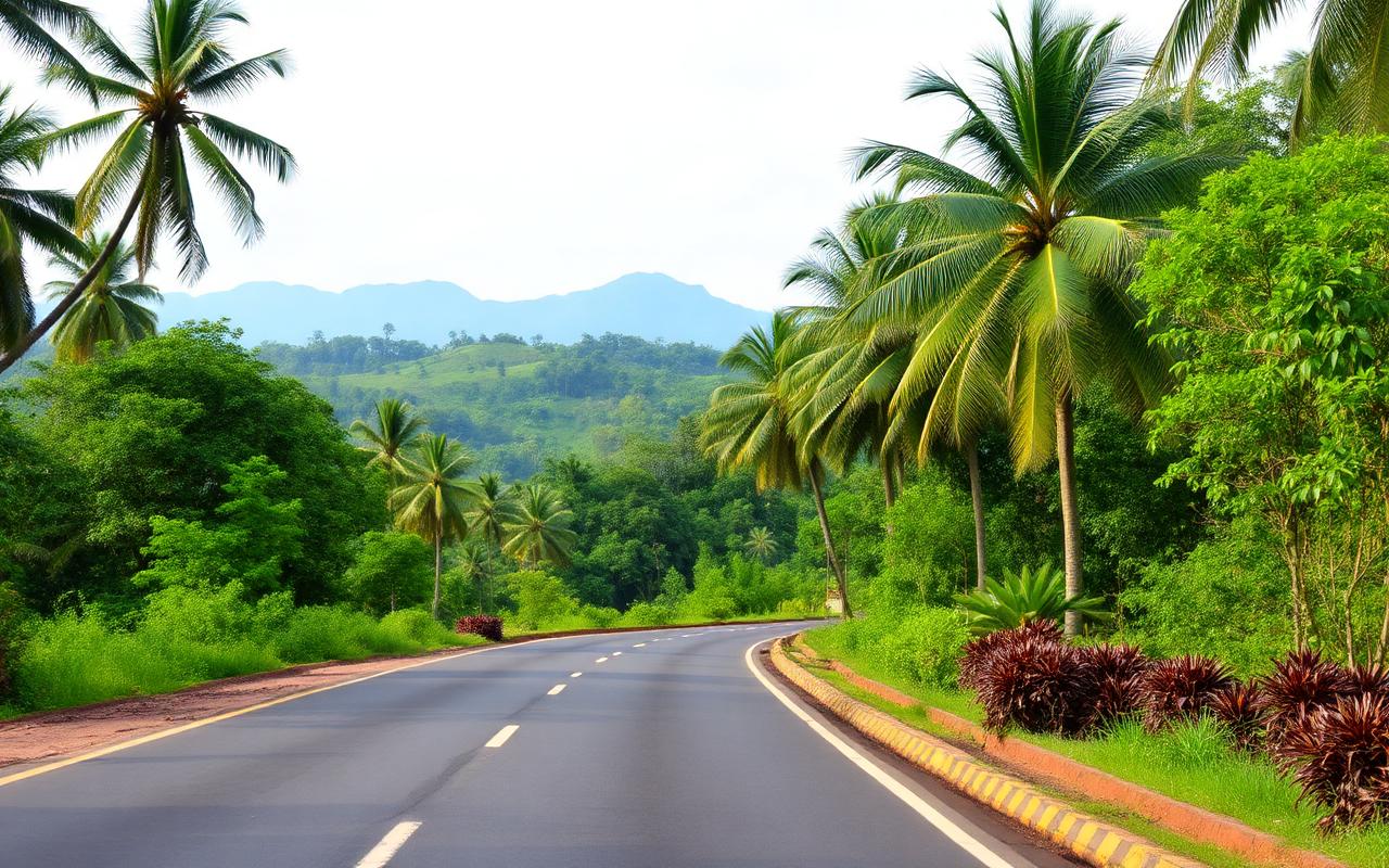 Road from Avissawella to Kitulgala Sri Lanka with palms, lush green countryside and distant hills