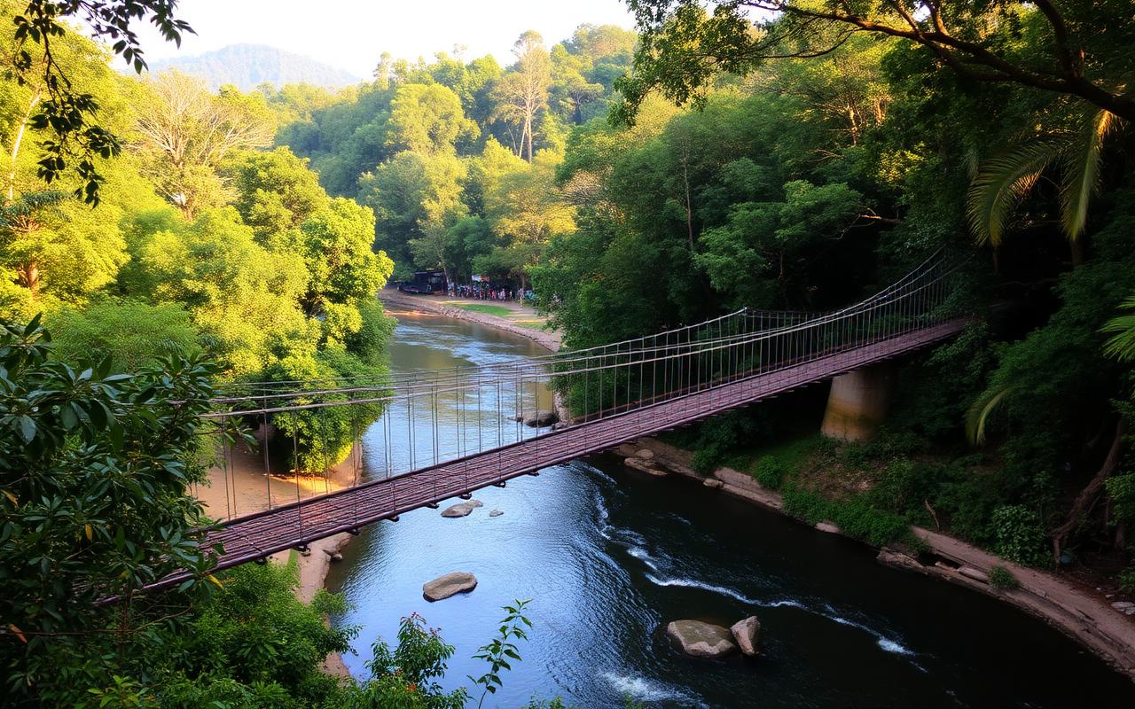 Plantation hotel reference near Kitulgala Sri Lanka with rainforest, river and suspension bridge