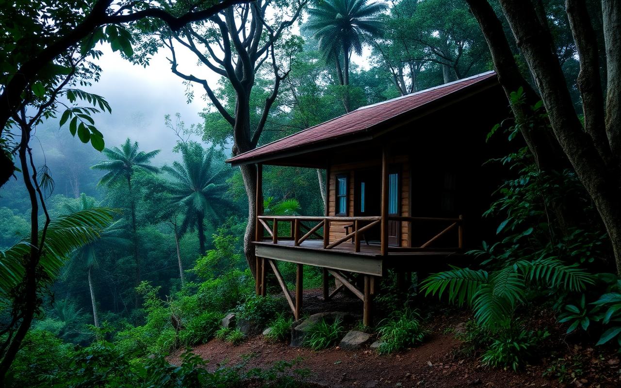 Eco lodge at edge of rainforest near Kitulgala Sri Lanka with wooden cabin, dense jungle and soft morning mist