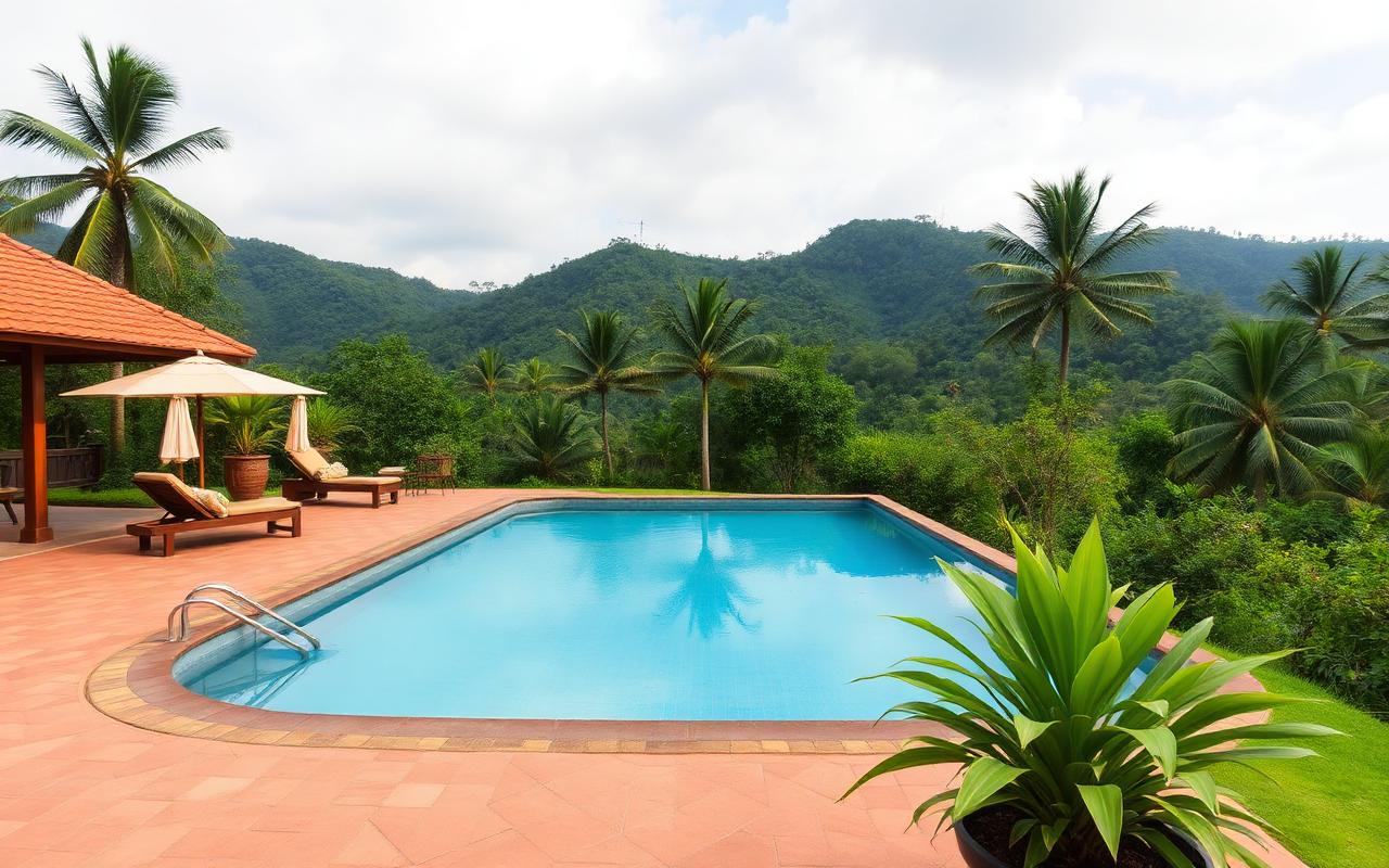 Family nature resort in Kitulgala Sri Lanka with swimming pool, garden and tropical hills behind in daytime