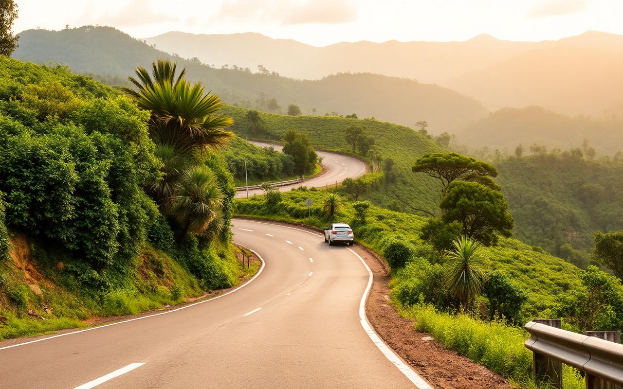 Ginigathena road Sri Lanka winding through tea estates and tropical hills near Kitulgala in golden afternoon light