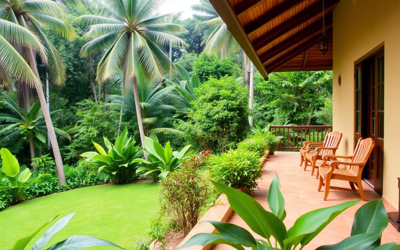 Family run guesthouse in Kitulgala Sri Lanka with tropical garden, veranda chairs and jungle backdrop