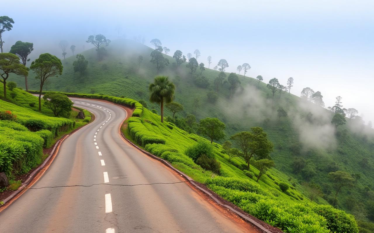 Misty mountain road toward Hatton and Nuwara Eliya from Kitulgala Sri Lanka with tea plantations on hillside
