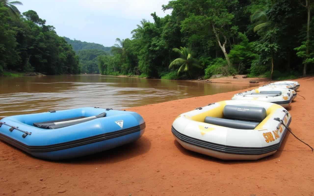 Activity camp reference on Kelani River Kitulgala Sri Lanka with rafts on bank and rainforest