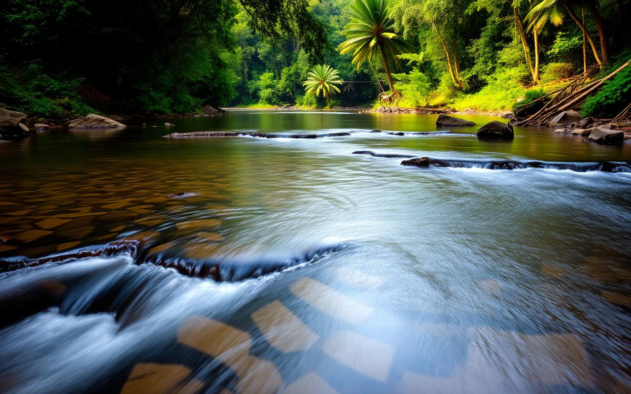 Calm Kelani River at Kitulgala Sri Lanka with clear water flowing over rocks and lush rainforest banks