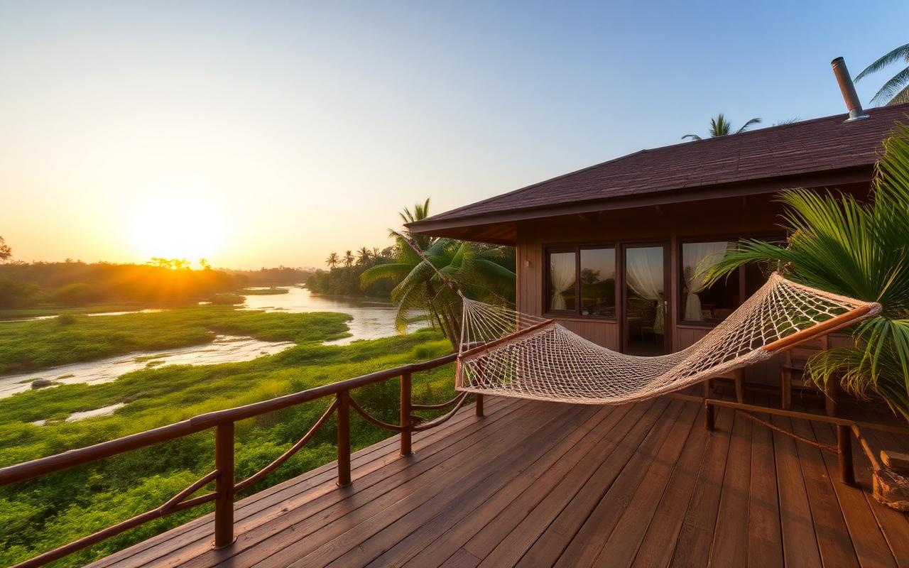 Riverside lodge on Kelani River Kitulgala Sri Lanka with wooden deck, hammock and tropical greenery at golden hour