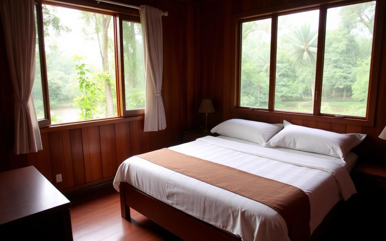Simple guest room in a Kitulgala Sri Lanka hotel with double bed, wooden interior and window opening to jungle and river view