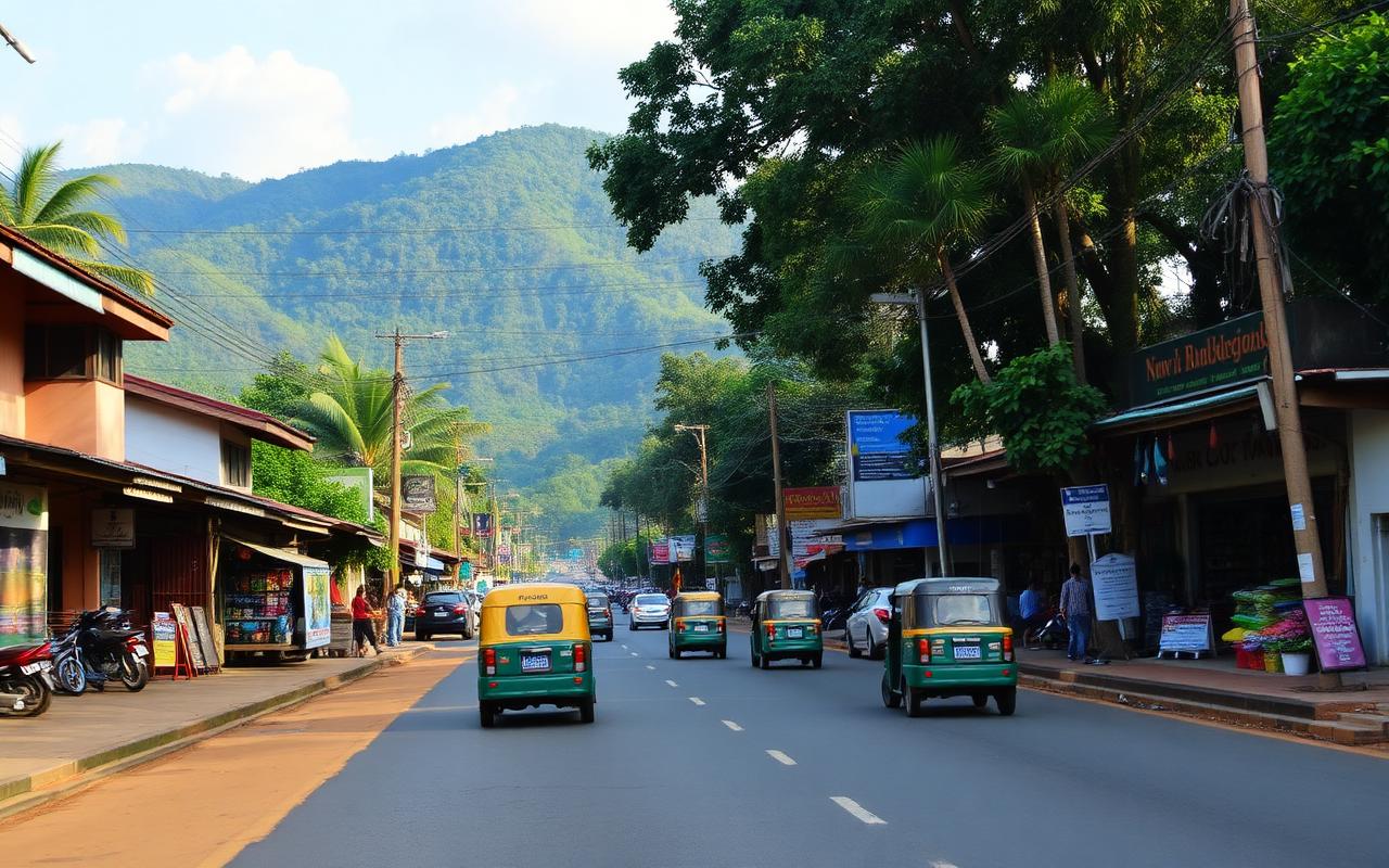Kitulgala town main road Sri Lanka with small shops, tuk tuks and tropical jungle hills behind