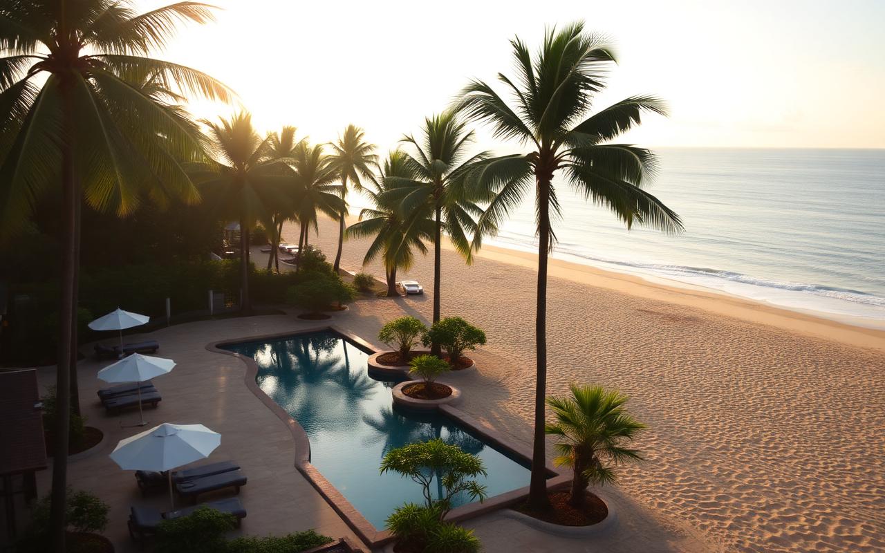 Ahungalla beach Sri Lanka near Kosgoda large west coast beach resort with palm trees, golden sand, calm Indian Ocean and pool deck in warm afternoon light