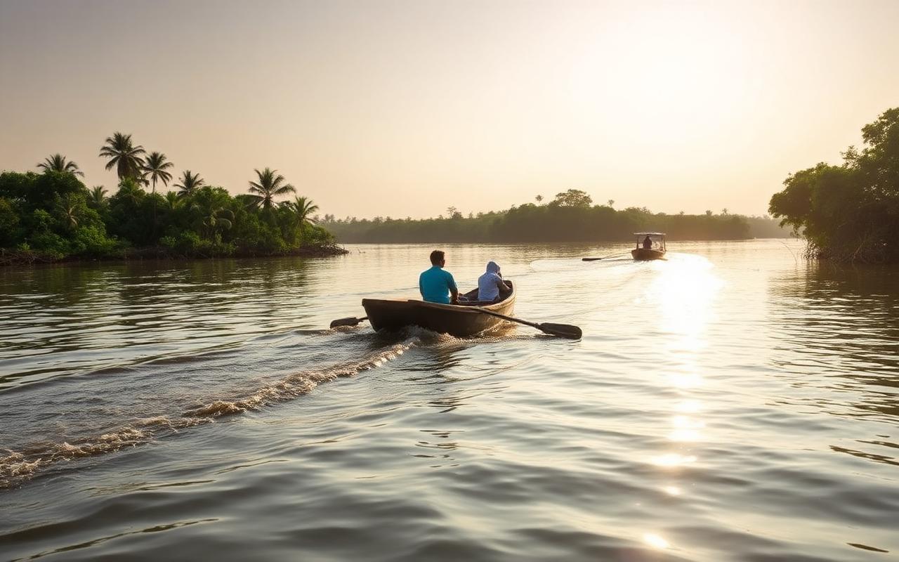 Madu River boat trip near Balapitiya Sri Lanka close to Kosgoda with mangroves and traditional wooden boats on calm river water in warm afternoon light
