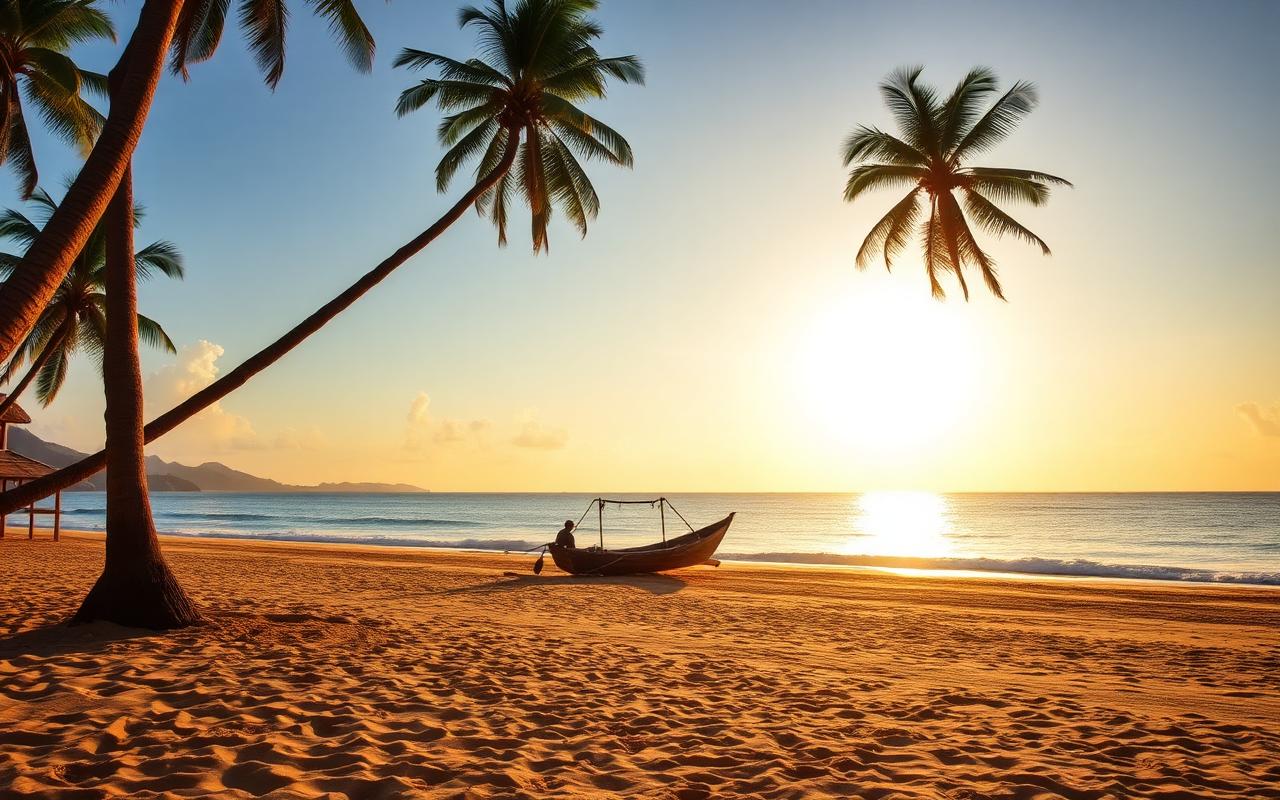 Kosgoda Beach Sri Lanka quiet golden west coast sand with tall coconut palms, calm Indian Ocean and a wooden fishing catamaran in warm afternoon light