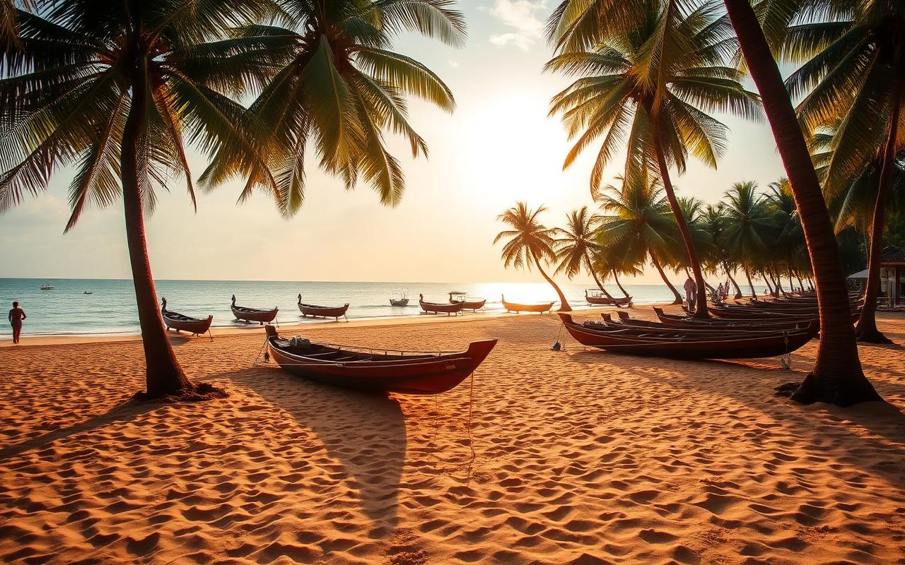 Bentota beach Sri Lanka near Kosgoda classic west coast beach resort with palm trees, golden sand, calm Indian Ocean and wooden catamarans in soft golden light
