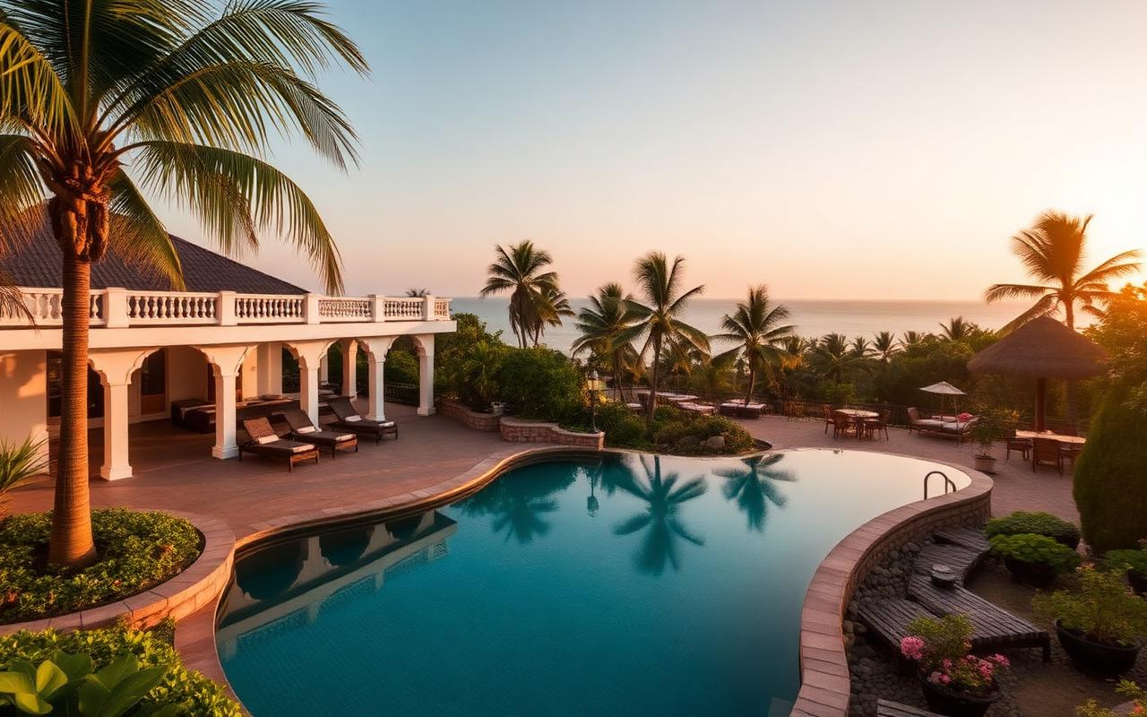Boutique coastal resort area at Kosgoda Sri Lanka with white architecture, palm garden, infinity pool and quiet beach setting in warm afternoon light
