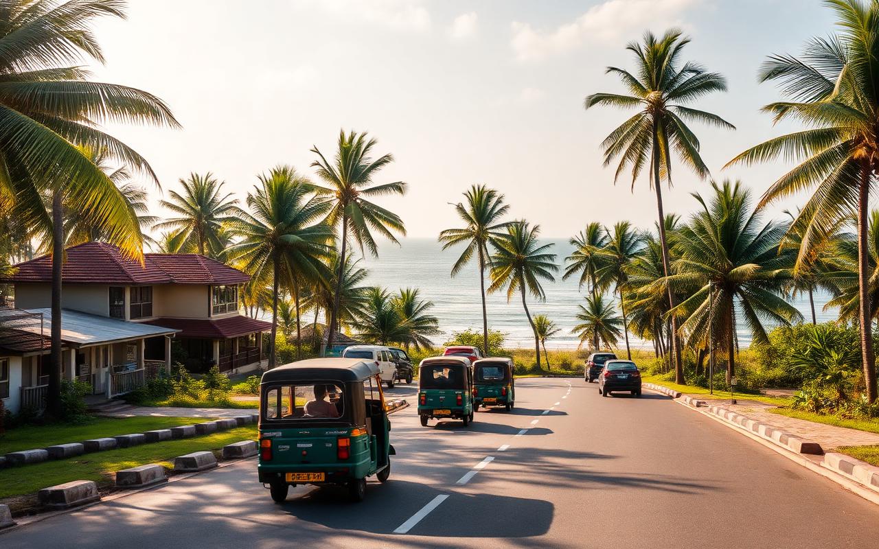 Sri Lanka west coast Galle Road near Kosgoda with palm-lined coastal road, tuk-tuks, small local hotels and a glimpse of the Indian Ocean in warm afternoon light