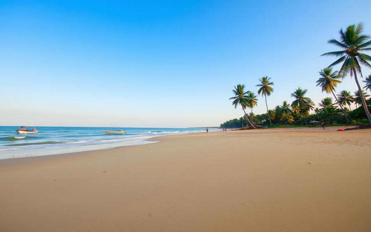 Induruwa Beach Sri Lanka near Kosgoda quiet golden west coast sand with palm trees and small fishing catamaran in warm afternoon light