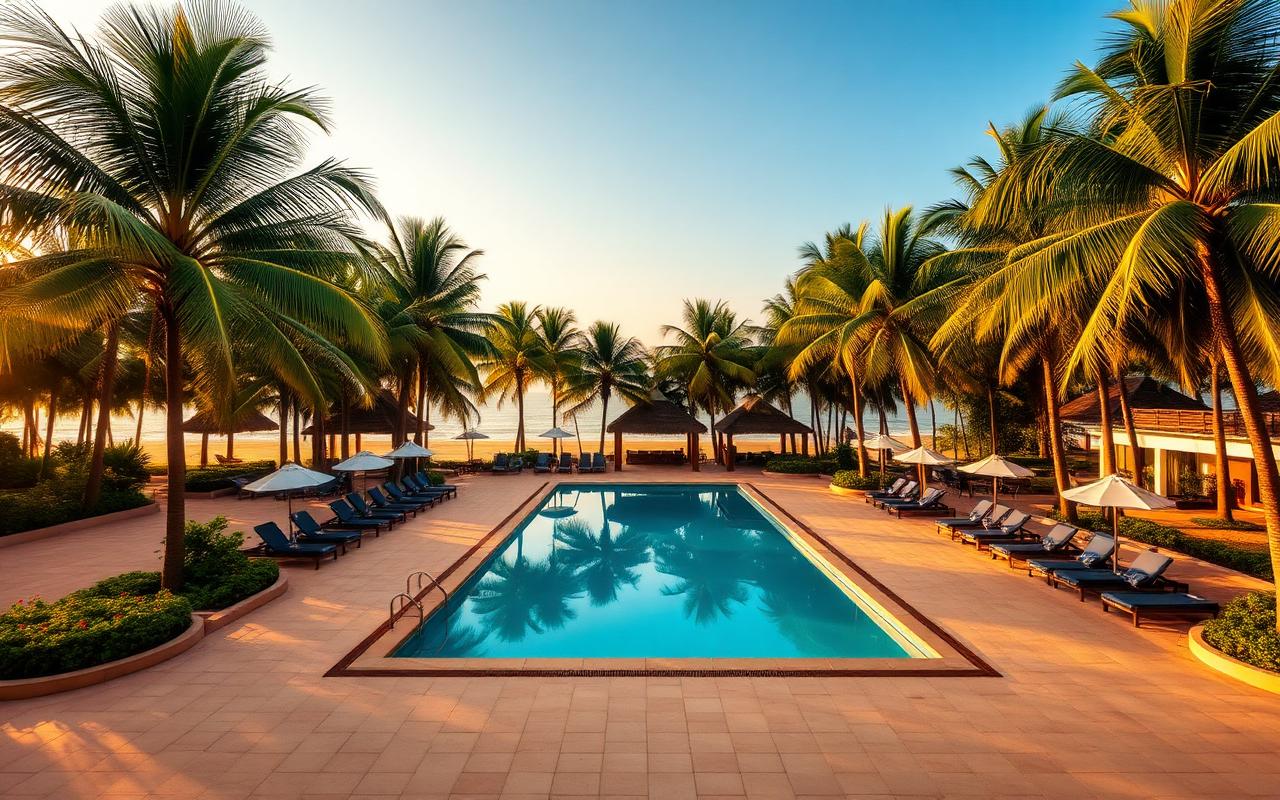 Premium beach resort area at Kosgoda Sri Lanka with palm trees, large turquoise pool, sun loungers and direct golden beach access in warm late afternoon light