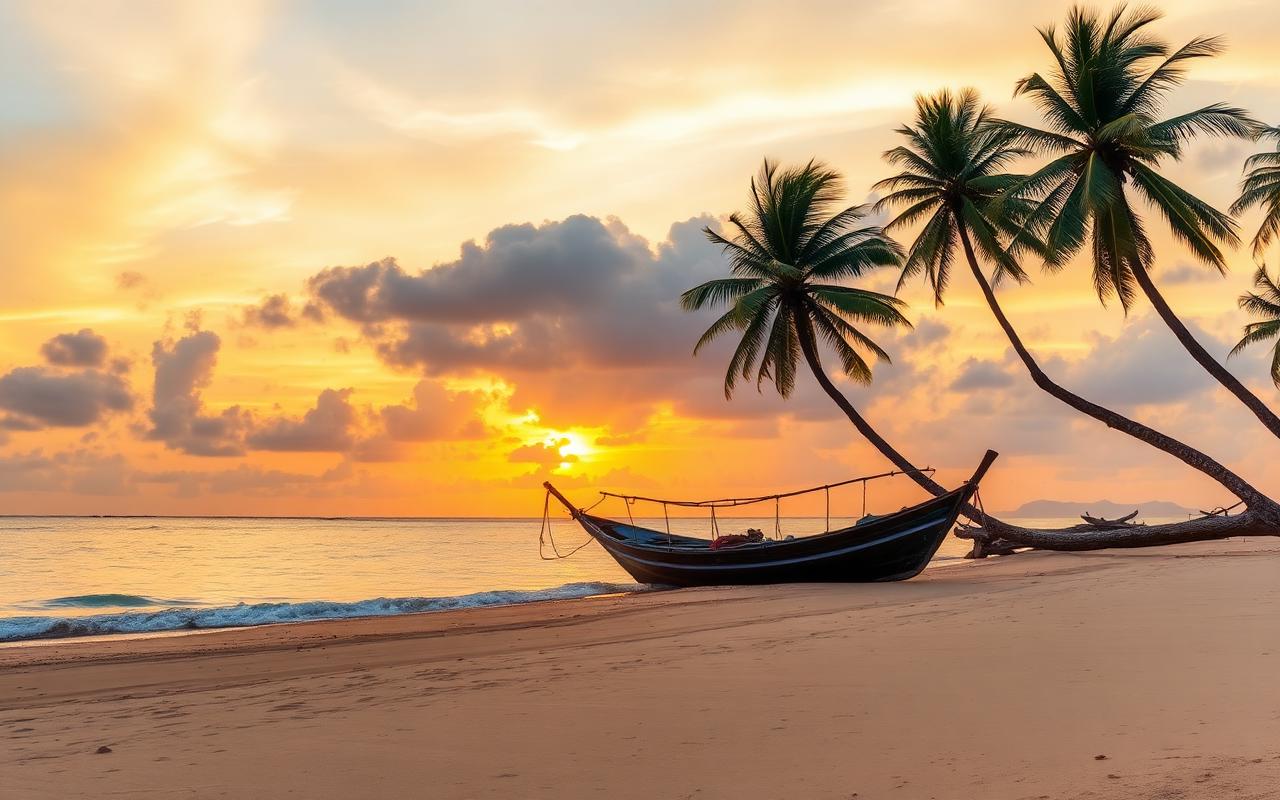 Sunset over Kosgoda Beach Sri Lanka with palm trees, golden sky and a fishing catamaran