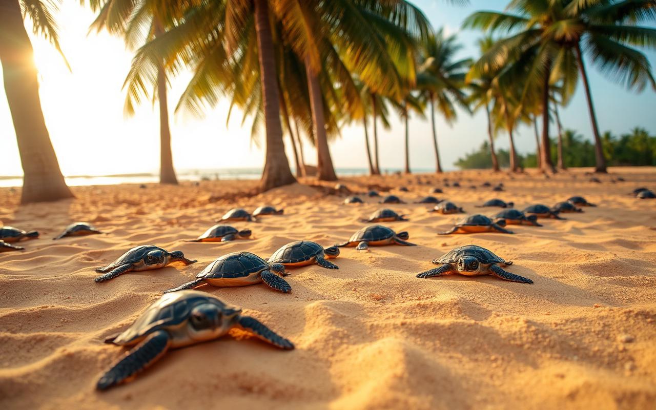 Sea turtle hatchery and conservation area at Kosgoda Sri Lanka with baby sea turtles on golden sand under coconut palms in warm afternoon light