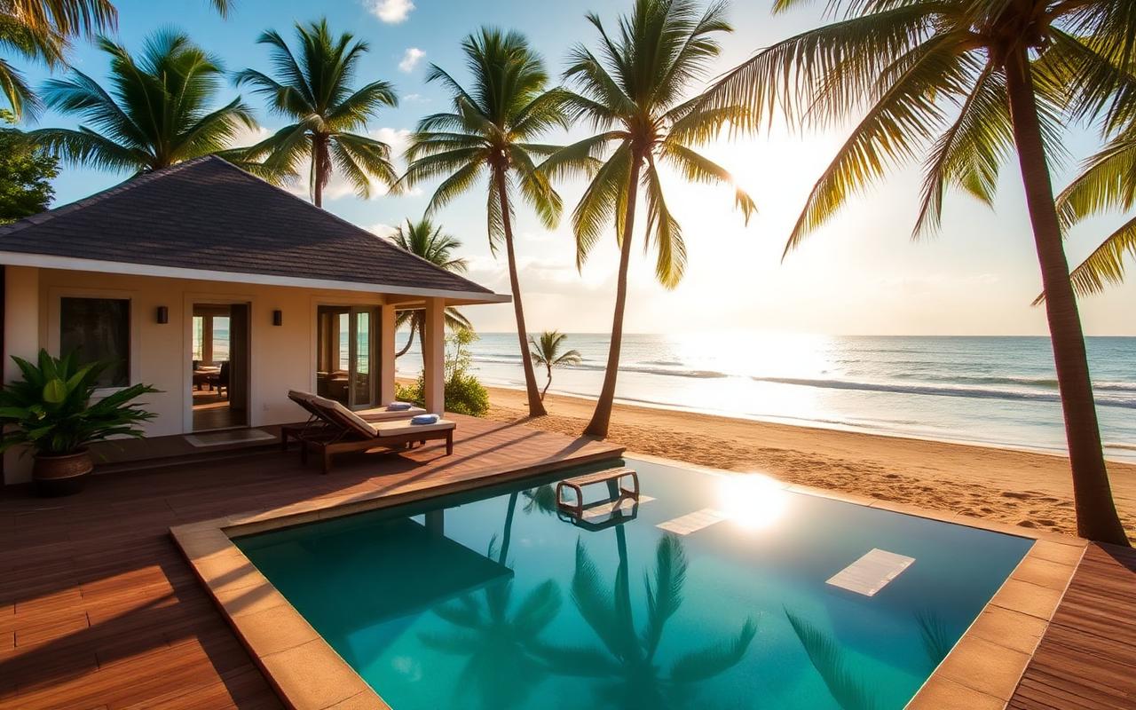 Small boutique beach villa in Kosgoda Sri Lanka with private pool, palm trees and direct golden west coast beach access in warm afternoon light