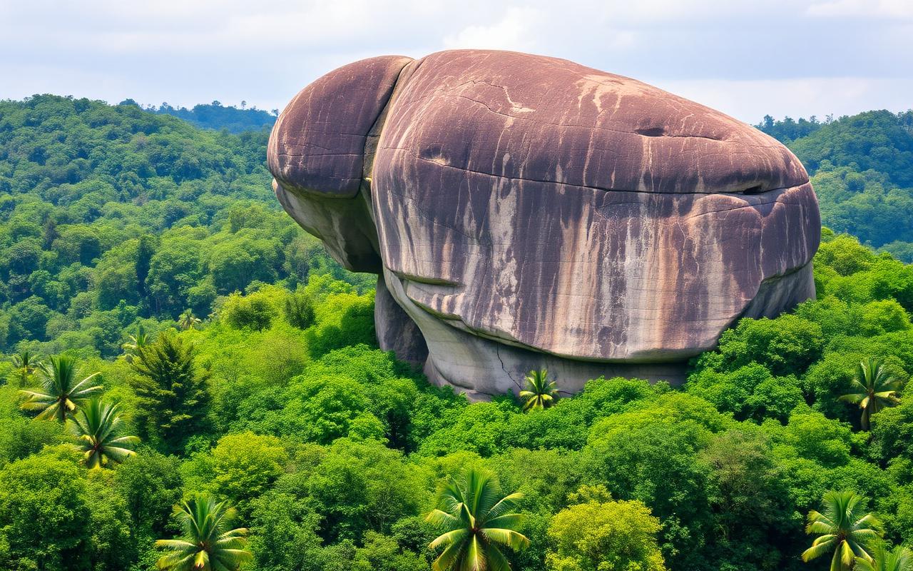 Athugala Elephant Rock above Kurunegala Sri Lanka with city lake, palm trees and inland scenery at golden hour