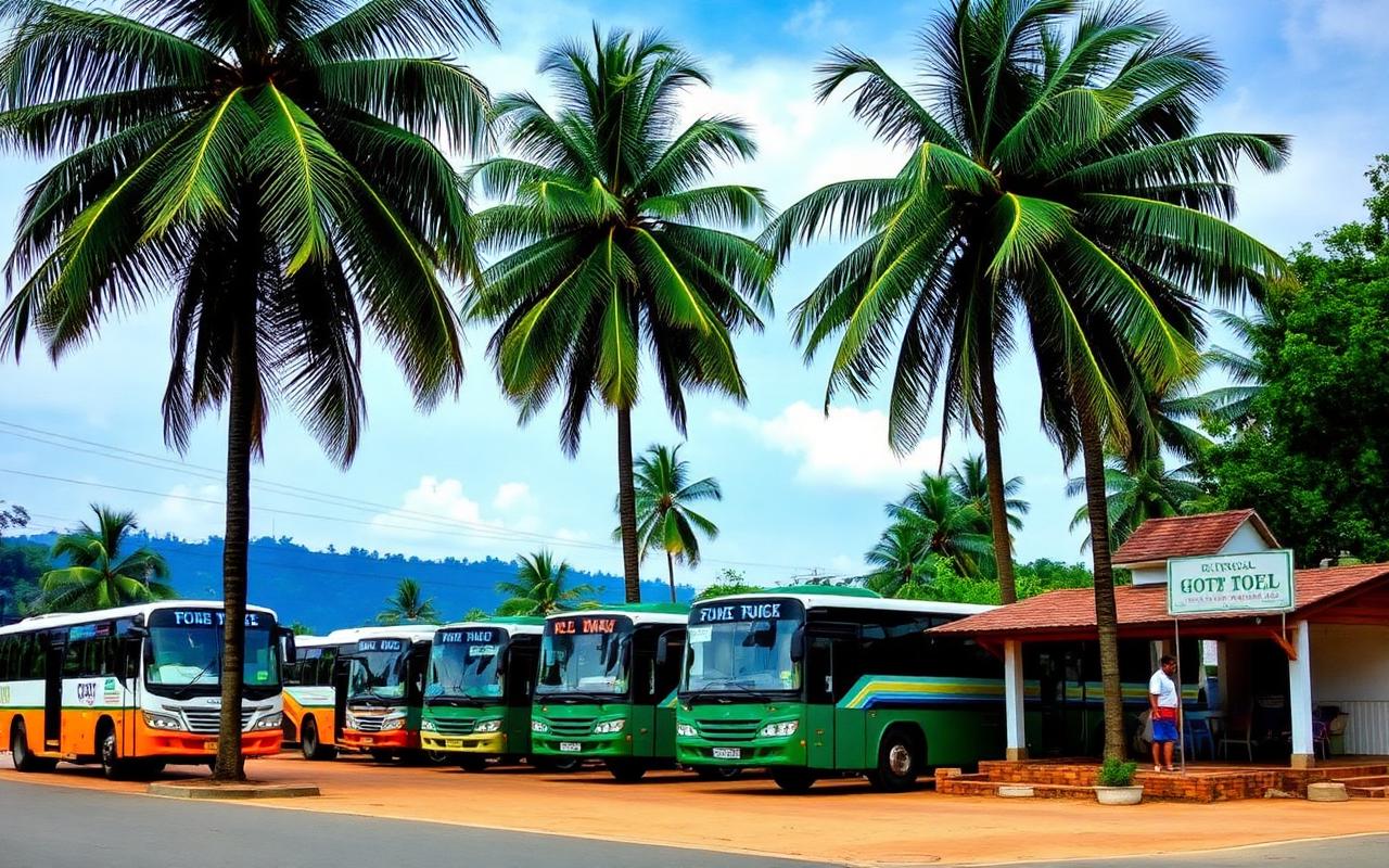 Kurunegala bus stand and main road Sri Lanka with parked local buses, busy street and inland city setting