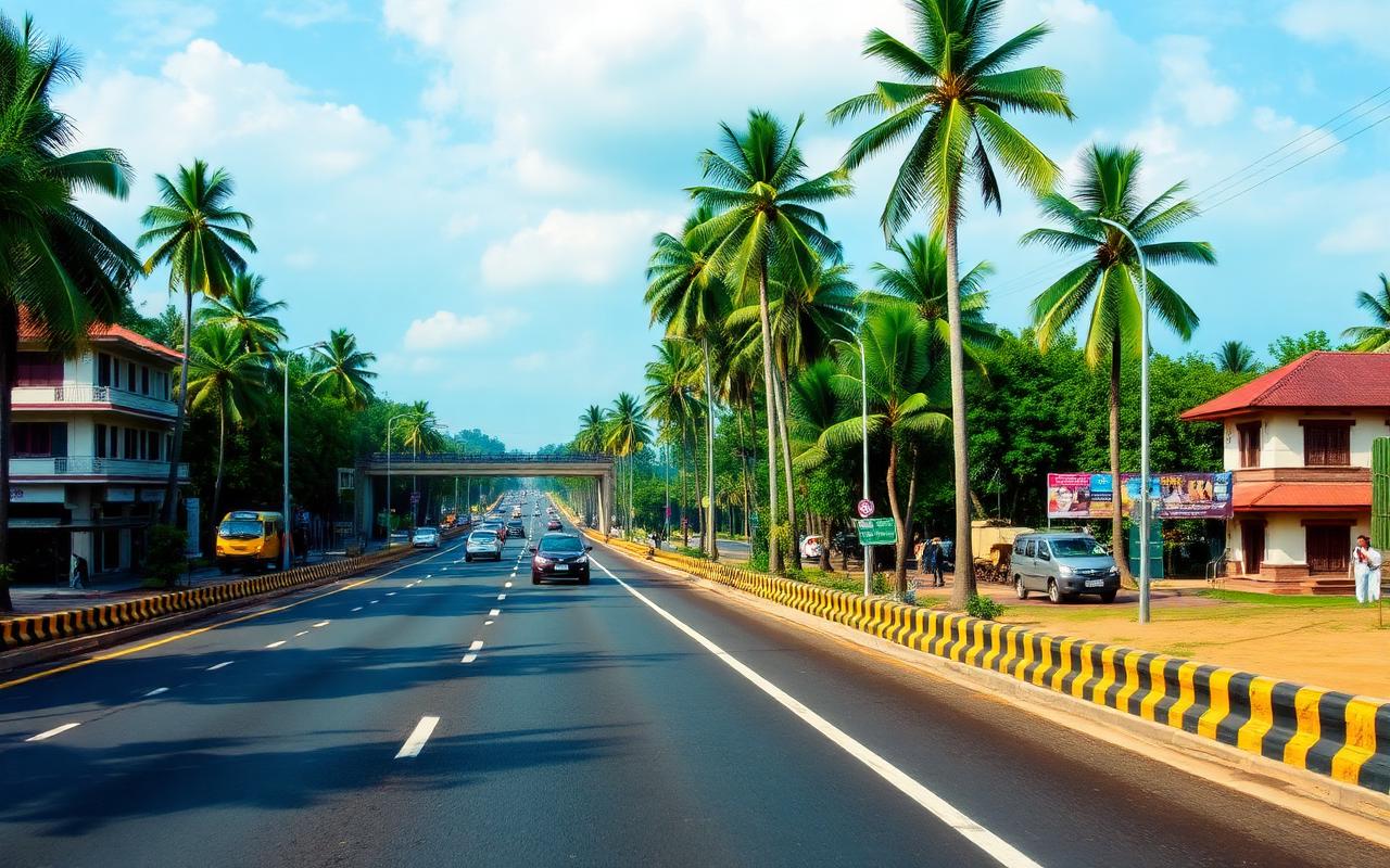 Colombo road on the western side of Kurunegala Sri Lanka with palm trees, roadside hotels and passing cars