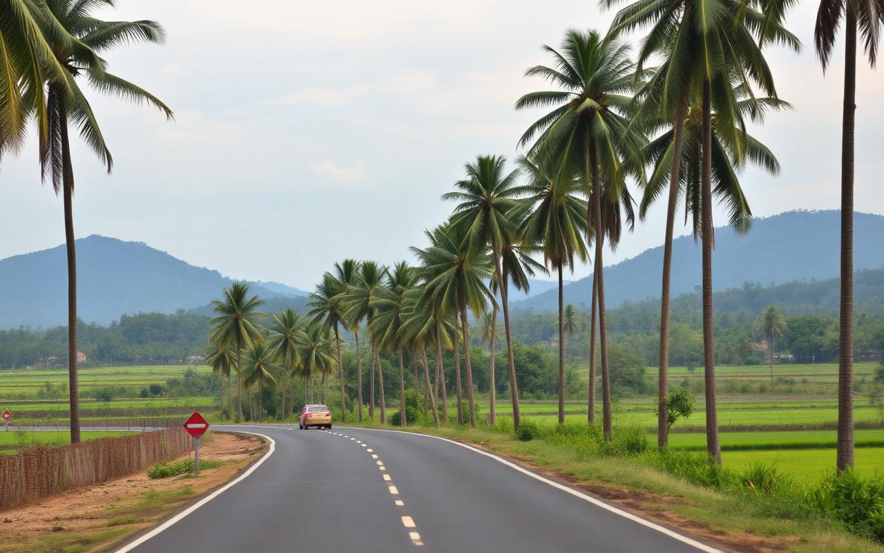 Dambulla road heading north out of Kurunegala Sri Lanka with palm trees, roadside shops and rolling inland green hills
