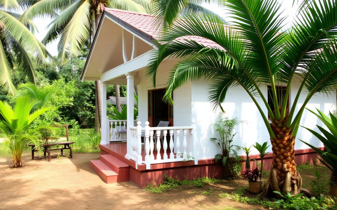 Family-run guesthouse in Kurunegala Sri Lanka with white painted house, veranda, tropical garden and palm trees