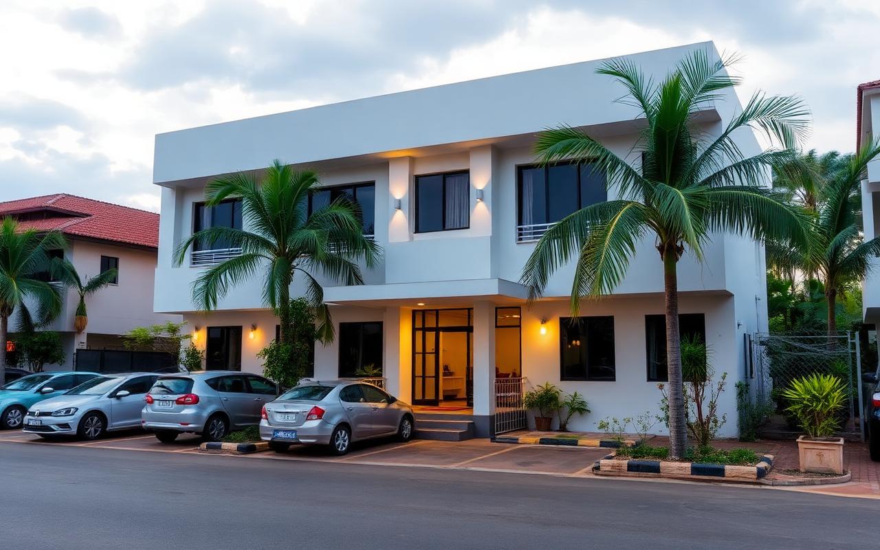Town centre hotel reference in Kurunegala Sri Lanka with simple modern facade, parking and palm trees