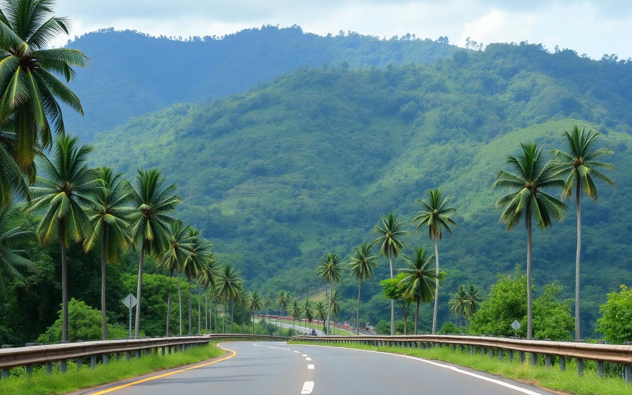 Kandy road heading east from Kurunegala Sri Lanka with green hills, palm trees and a winding tropical inland road