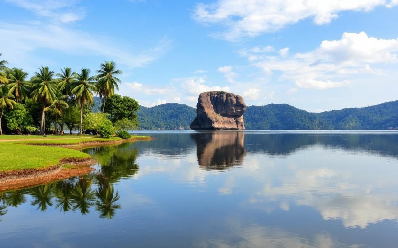 Kurunegala Lake Round area Sri Lanka with calm city lake, lakeside road, palm trees and the Athugala Elephant Rock in the background