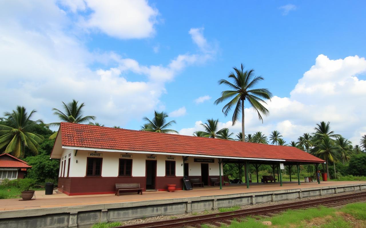 Kurunegala railway station Sri Lanka with platforms, passenger trains, palm trees and inland city scenery