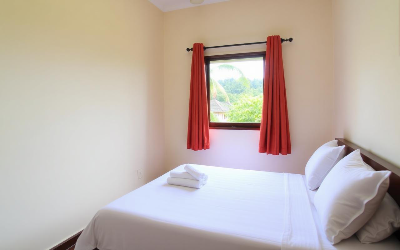 Simple double bed hotel room reference in Kurunegala Sri Lanka with plain decor and window opening to city view