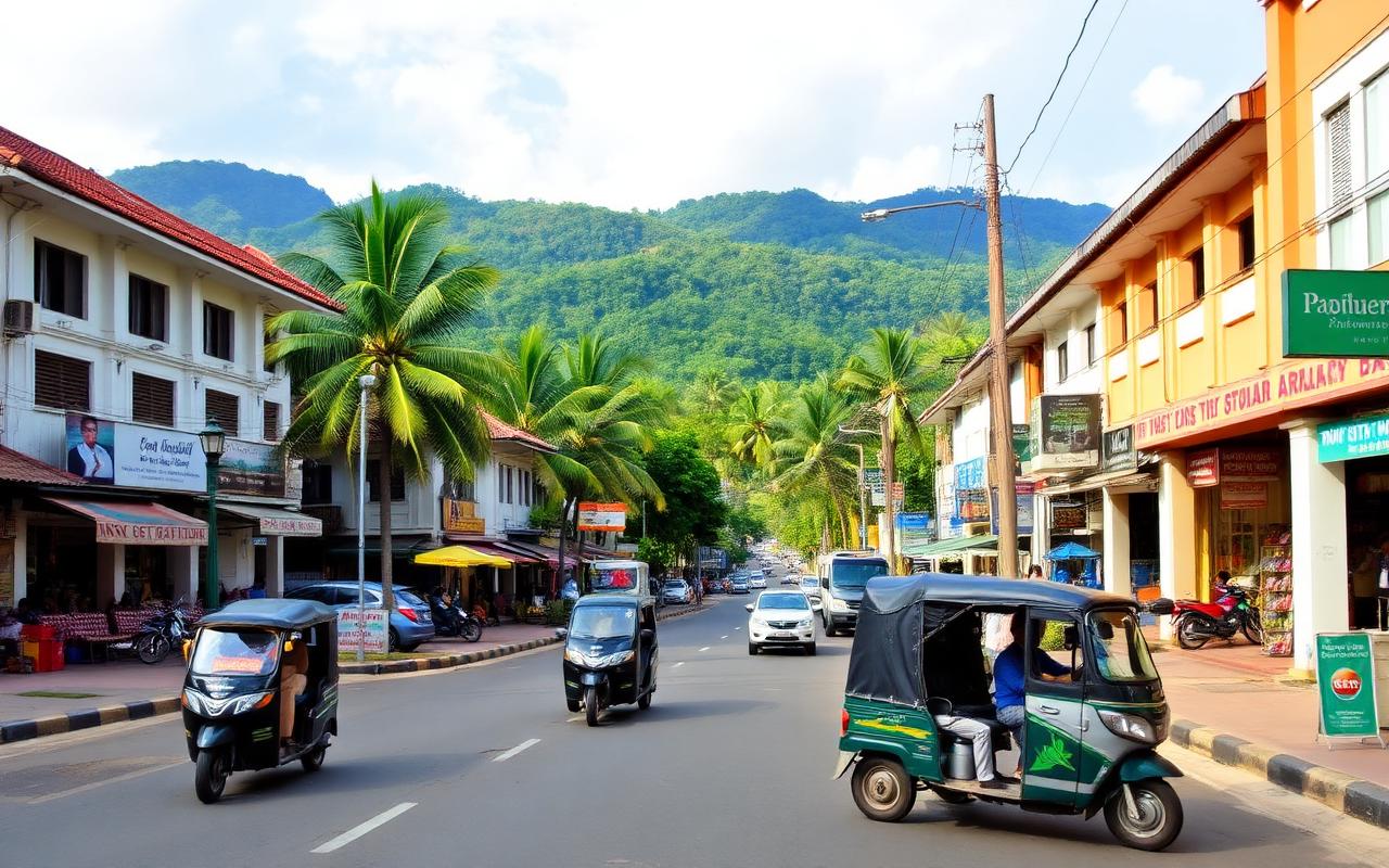 Kurunegala town centre street Sri Lanka with shops, three-wheelers, palm trees and the Athugala rock backdrop