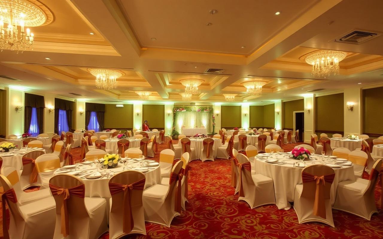 Wedding and function hotel banquet hall in Kurunegala Sri Lanka with decorated tables, soft lighting and tropical garden outside