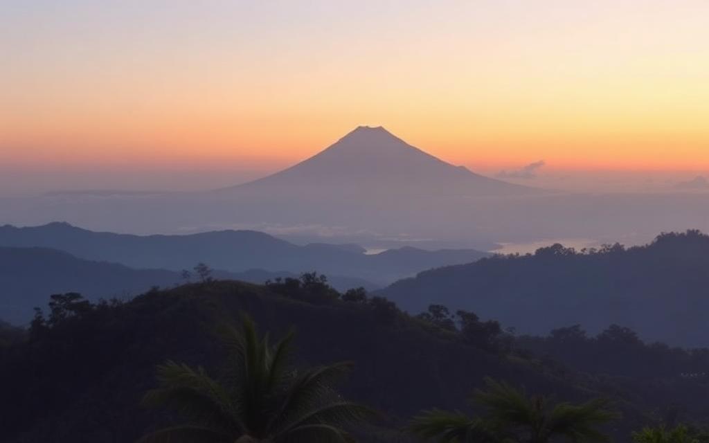 Adam's Peak Sri Pada mountain viewed from Maskeliya area Sri Lanka with conical silhouette and tea hills foreground at dawn